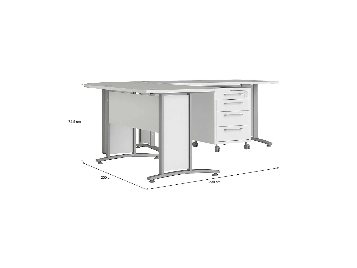 Escritorio Agerato, Esquinero, 230x200x75h cm Blanco, 4 Cajones, Color de la Estructura Gris
