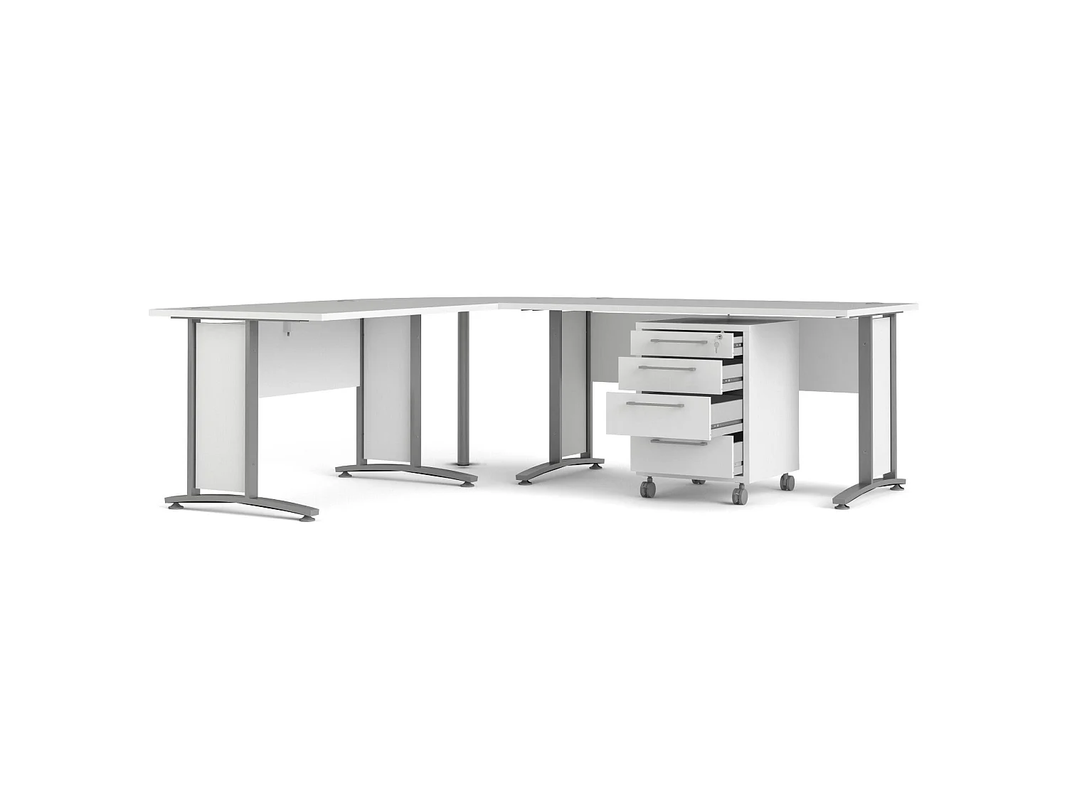 Escritorio Agerato, Esquinero, 230x200x75h cm Blanco, 4 Cajones, Color de la Estructura Gris