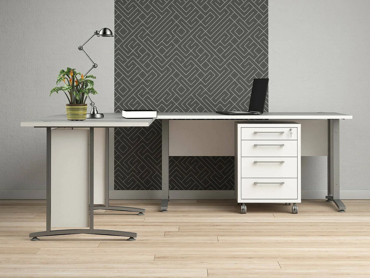 Escritorio Agerato, Esquinero, 230x200x75h cm Blanco, 4 Cajones, Color de la Estructura Gris