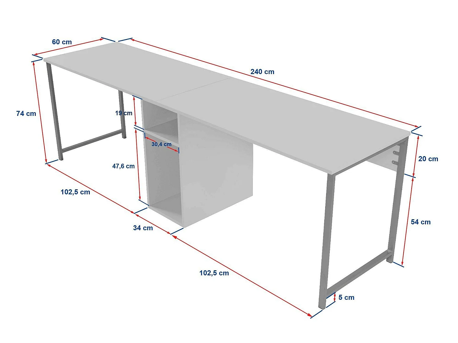 Bureau Violet, un Plateau, 60x240x74h cm Noir