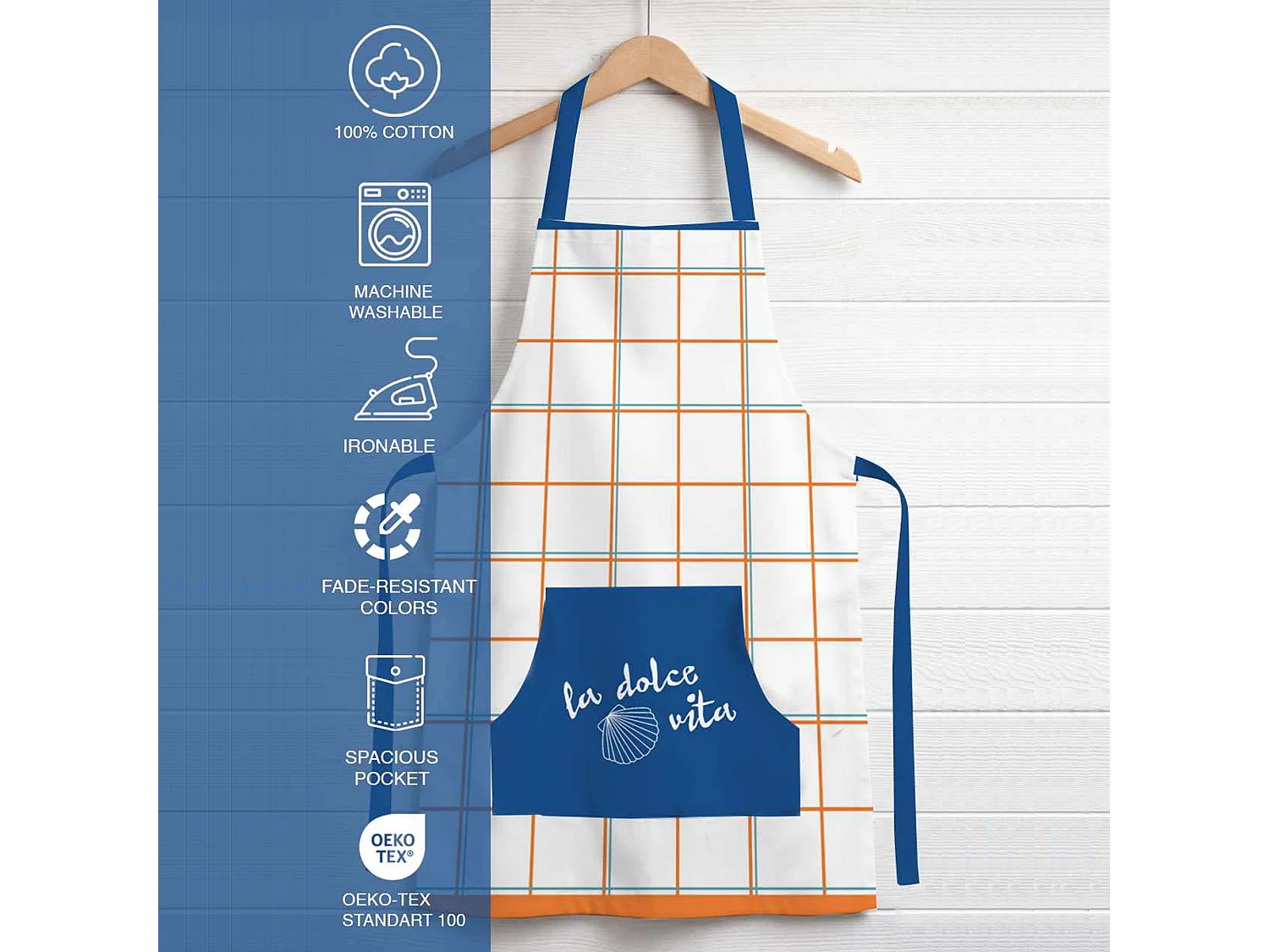 Tablier de cuisine Palitoba, Lavable en machine à 30°, bleu, Structure jaune