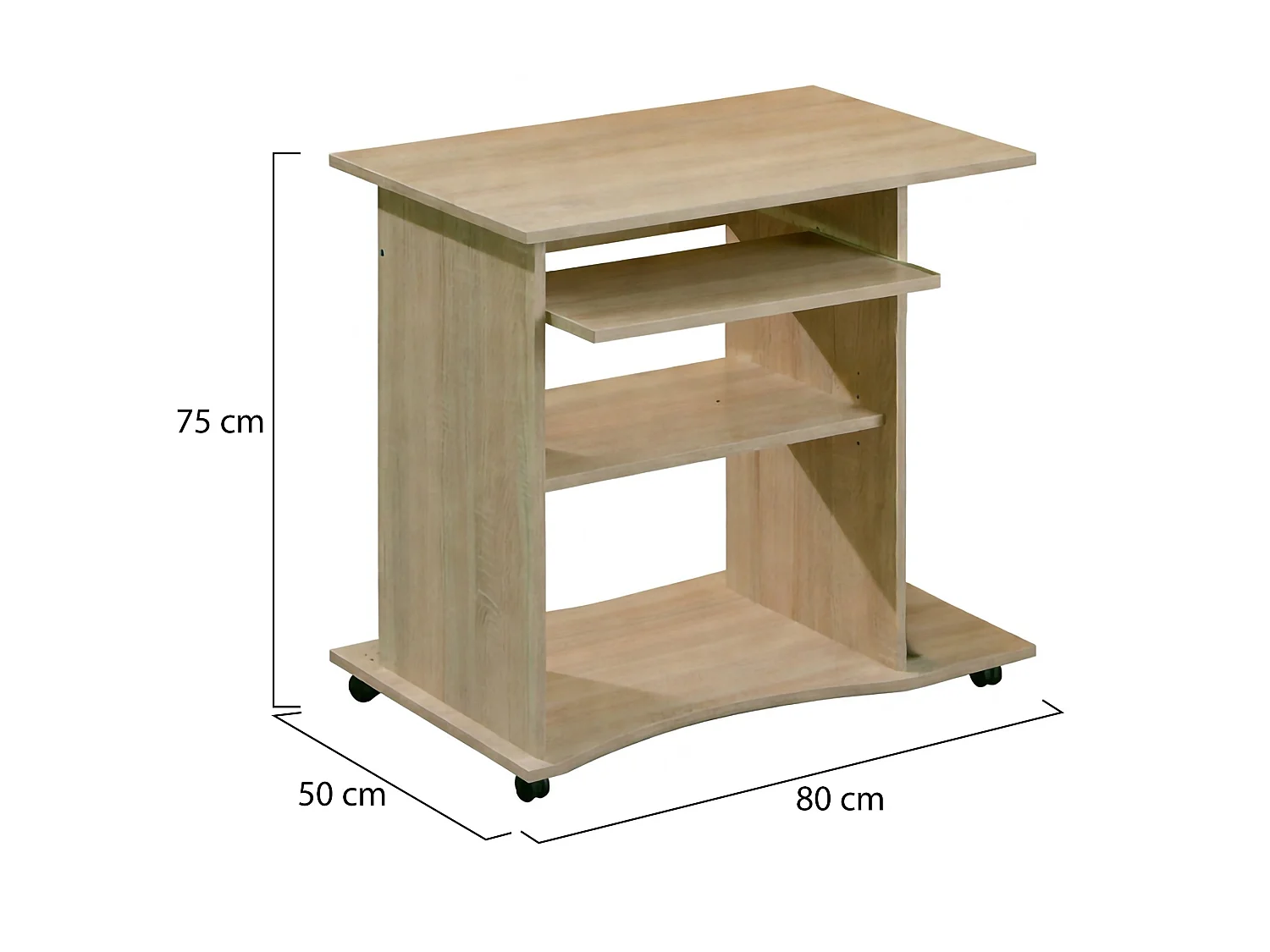 Escritorio Medio, un cajón, 80x50x75h cm Marrón Roble, 3 estantes, soporte para PC