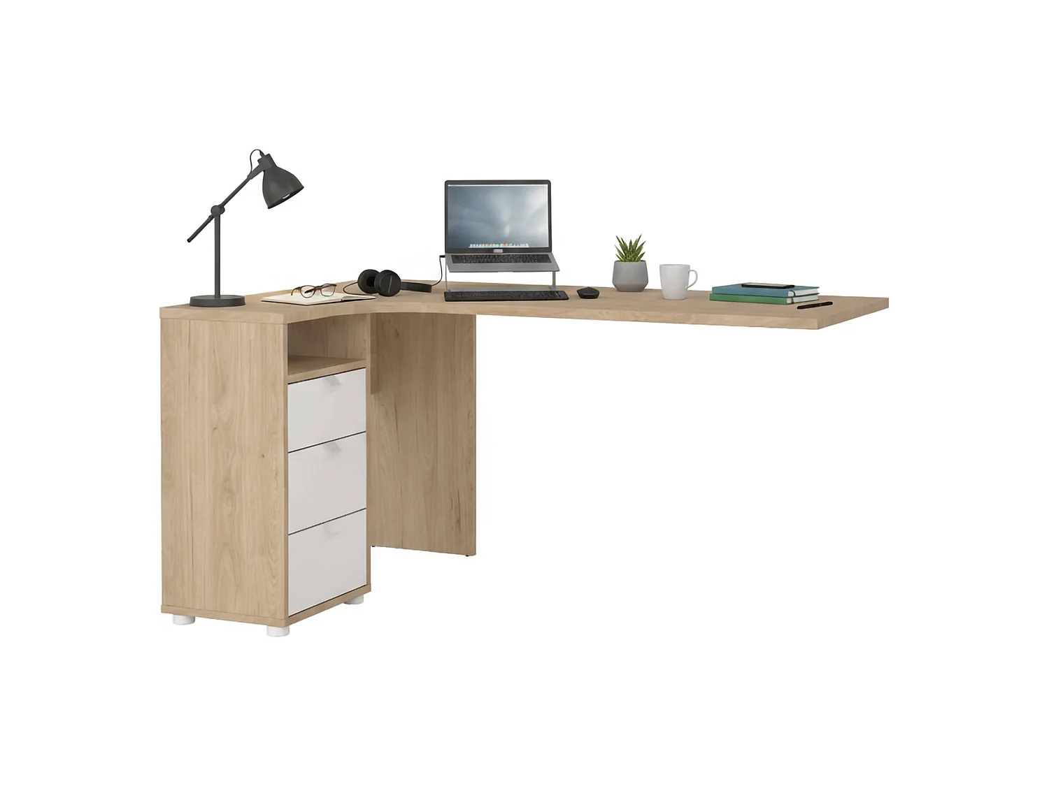 Escritorio Peipah, 3 cajones, 150x100x76h cm, marrón roble, tablero en madera melaminada, tono roble