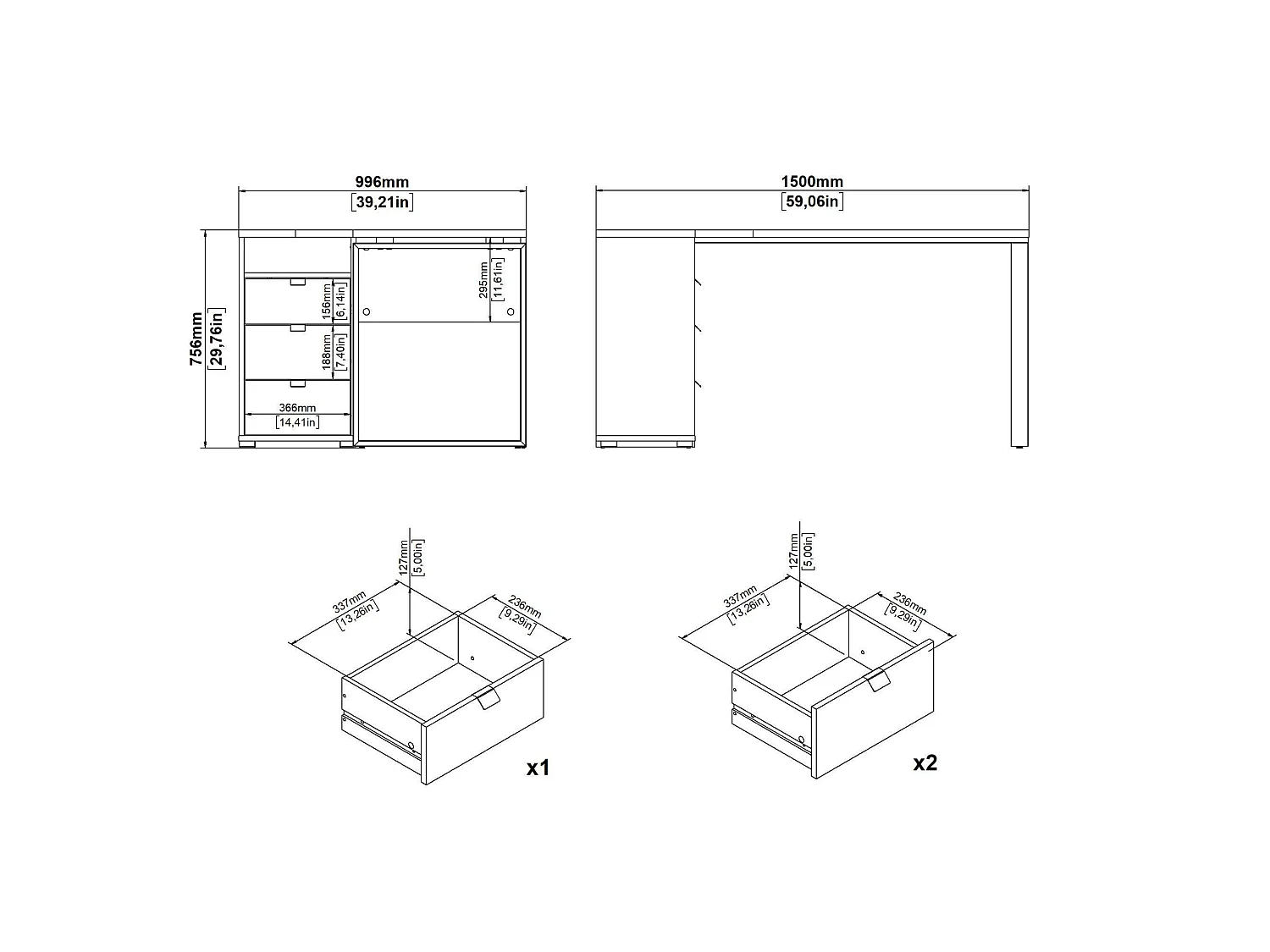 Escritorio Peipah, 3 cajones, 150x100x76h cm, marrón roble, tablero en madera melaminada, tono roble