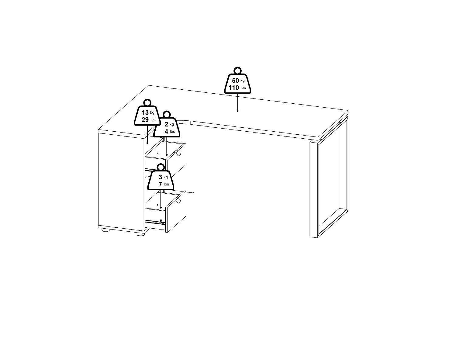 Escritorio Peipah, 3 cajones, 150x100x76h cm, marrón roble, tablero en madera melaminada, tono roble
