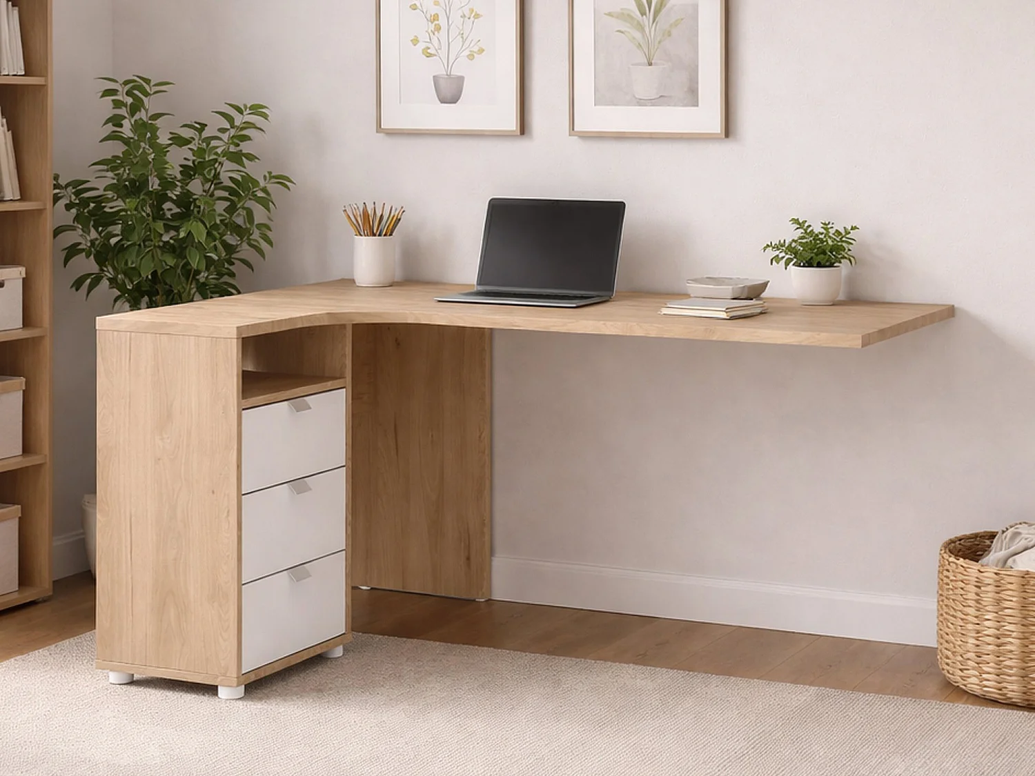 Escritorio Peipah, 3 cajones, 150x100x76h cm, marrón roble, tablero en madera melaminada, tono roble