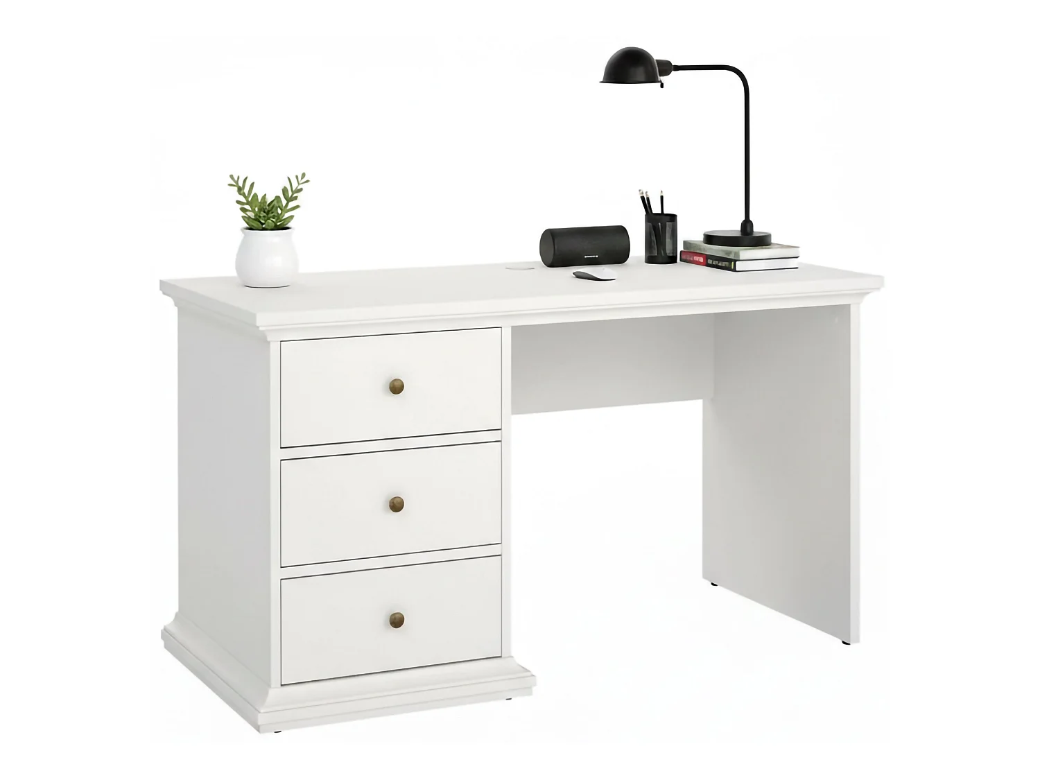 Escritorio Agia, 3 cajones, 130x62x74h cm blanco, un compartimento, tablero en madera melaminada