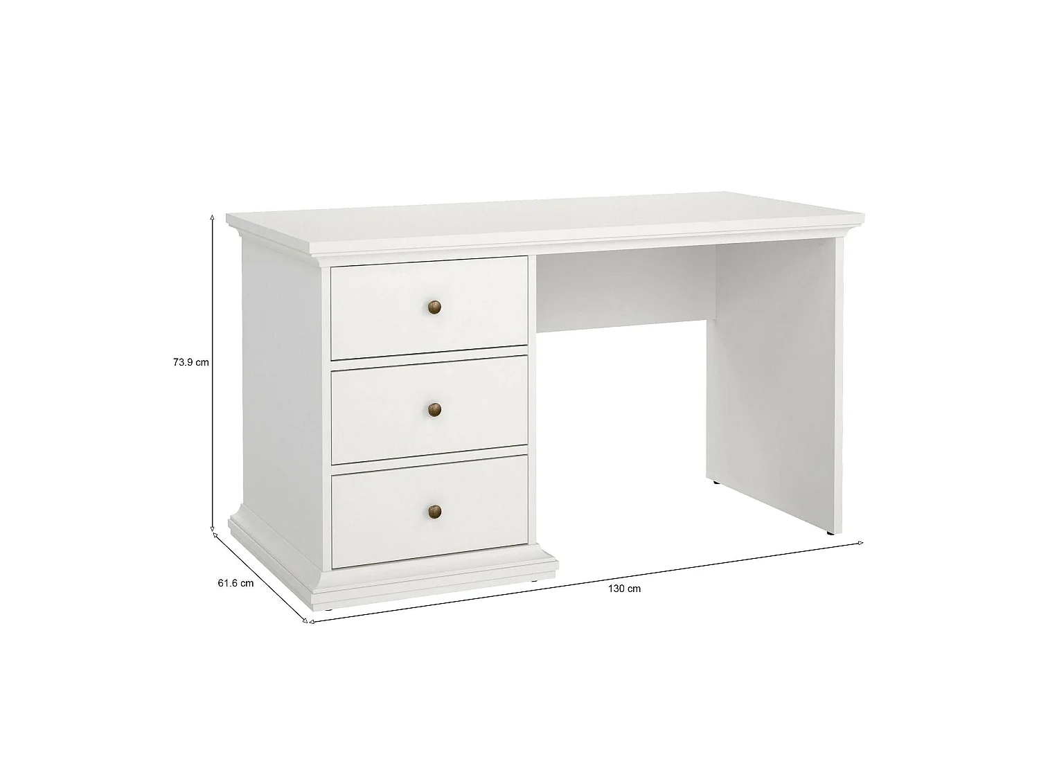 Escritorio Agia, 3 cajones, 130x62x74h cm blanco, un compartimento, tablero en madera melaminada