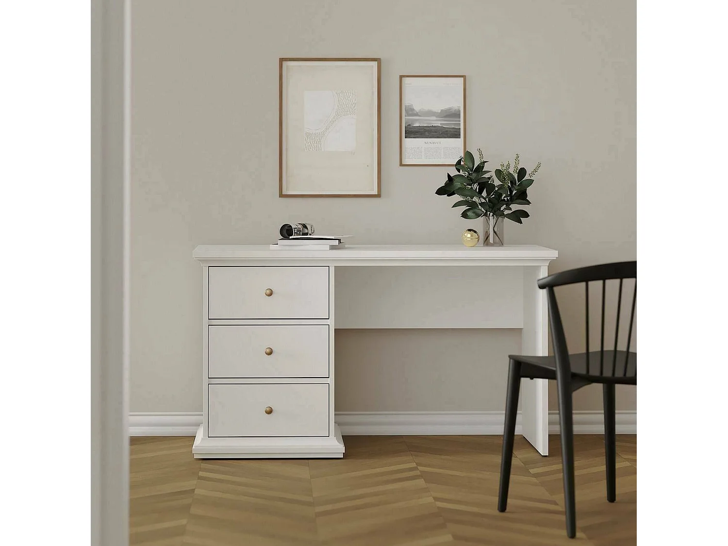 Escritorio Agia, 3 cajones, 130x62x74h cm blanco, un compartimento, tablero en madera melaminada