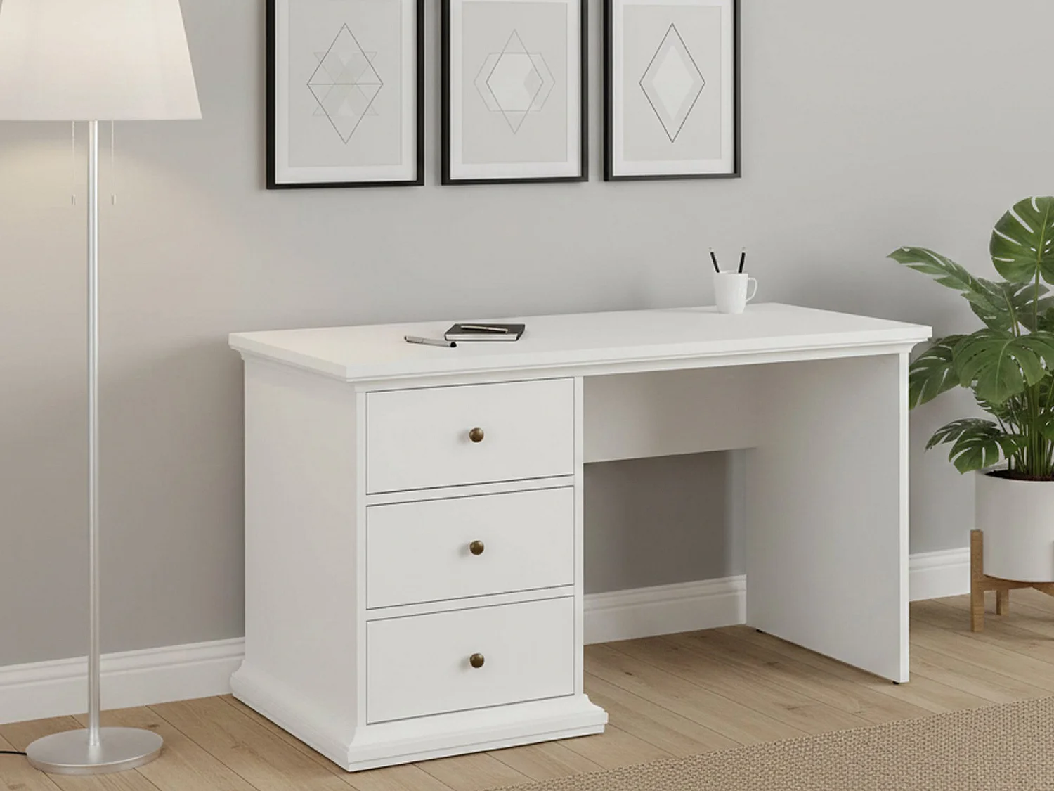 Escritorio Agia, 3 cajones, 130x62x74h cm blanco, un compartimento, tablero en madera melaminada
