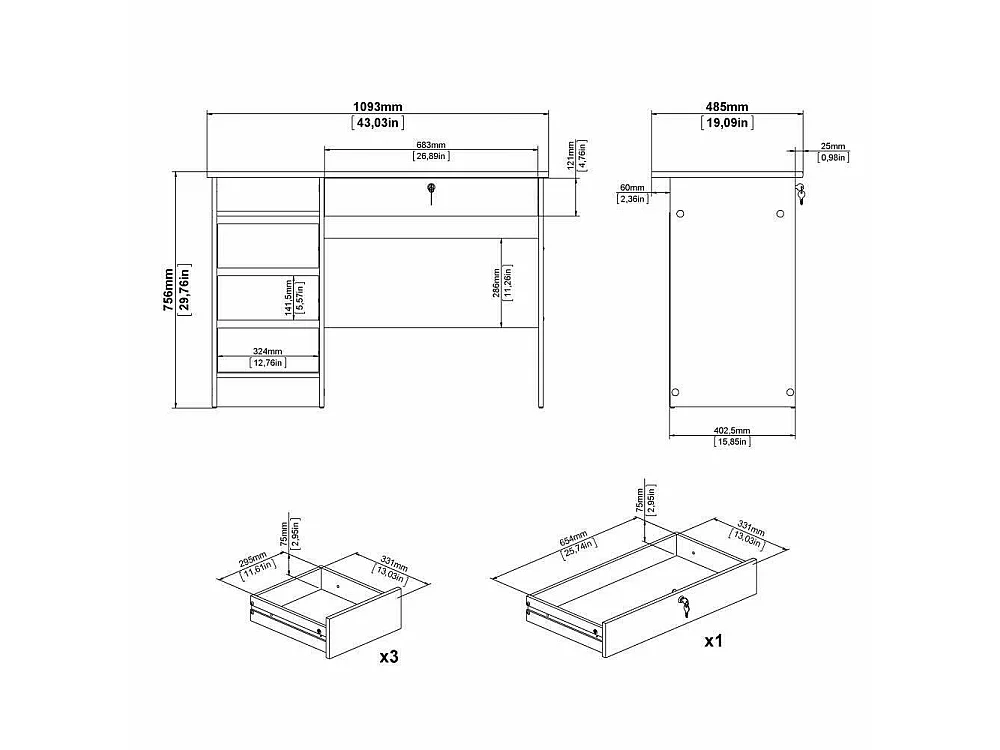 Bureau Franklin, 4 lades, 109x49x76h cm eikenbruin, kleur blad bruin, kleurtint frame eiken