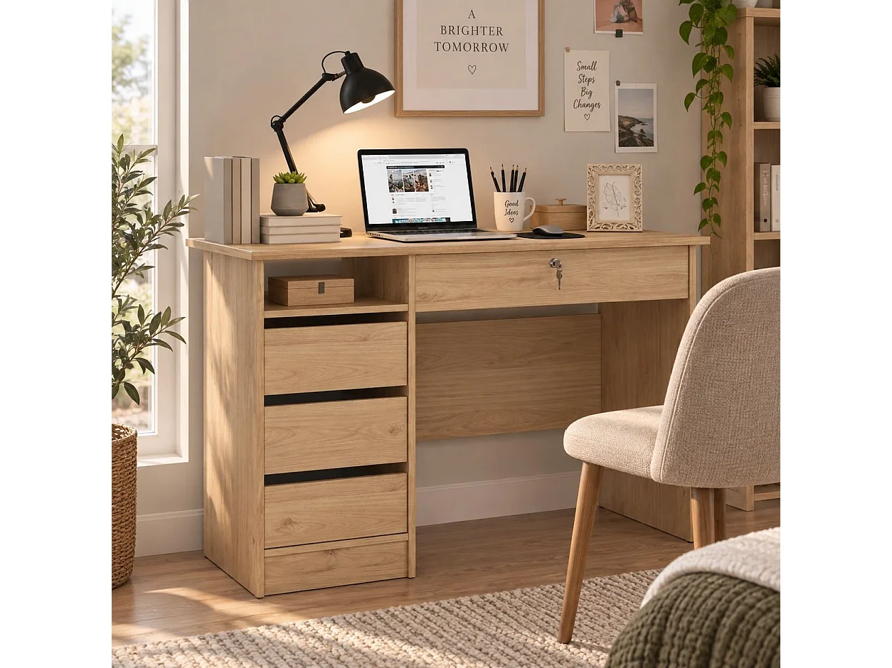 Bureau Franklin, 4 lades, 109x49x76h cm eikenbruin, kleur blad bruin, kleurtint frame eiken