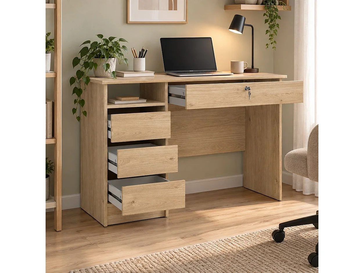 Bureau Franklin, 4 lades, 109x49x76h cm eikenbruin, kleur blad bruin, kleurtint frame eiken
