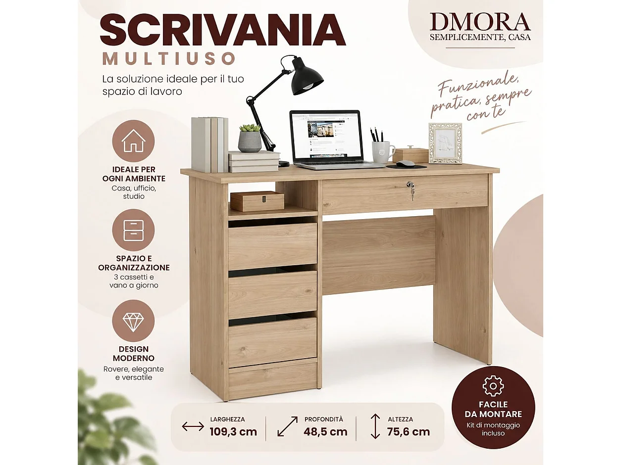 Bureau Franklin, 4 lades, 109x49x76h cm eikenbruin, kleur blad bruin, kleurtint frame eiken