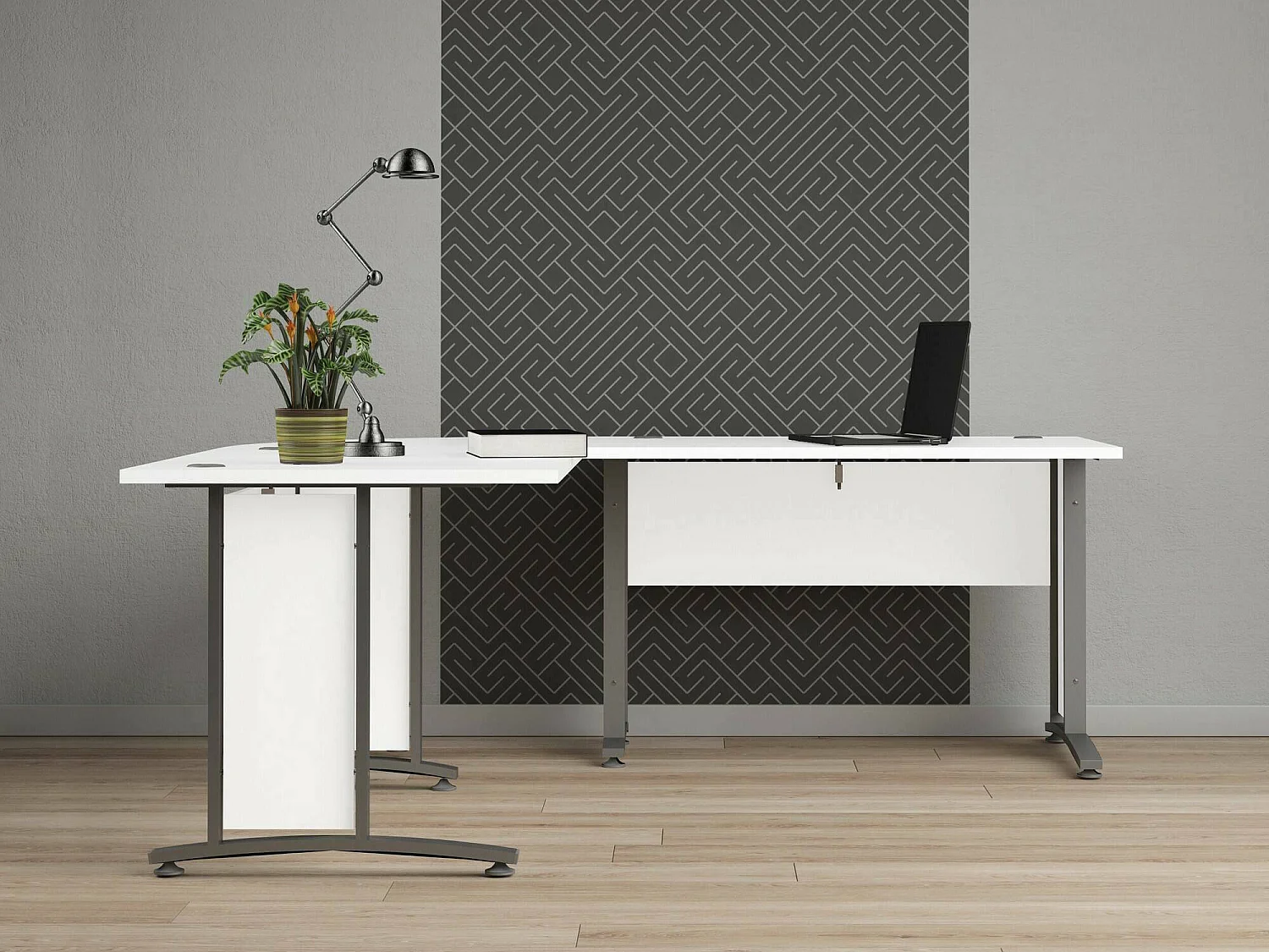 Escritorio Heling, esquinero, 200x200x75h cm blanco, color de estructura gris, tablero de madera melaminada