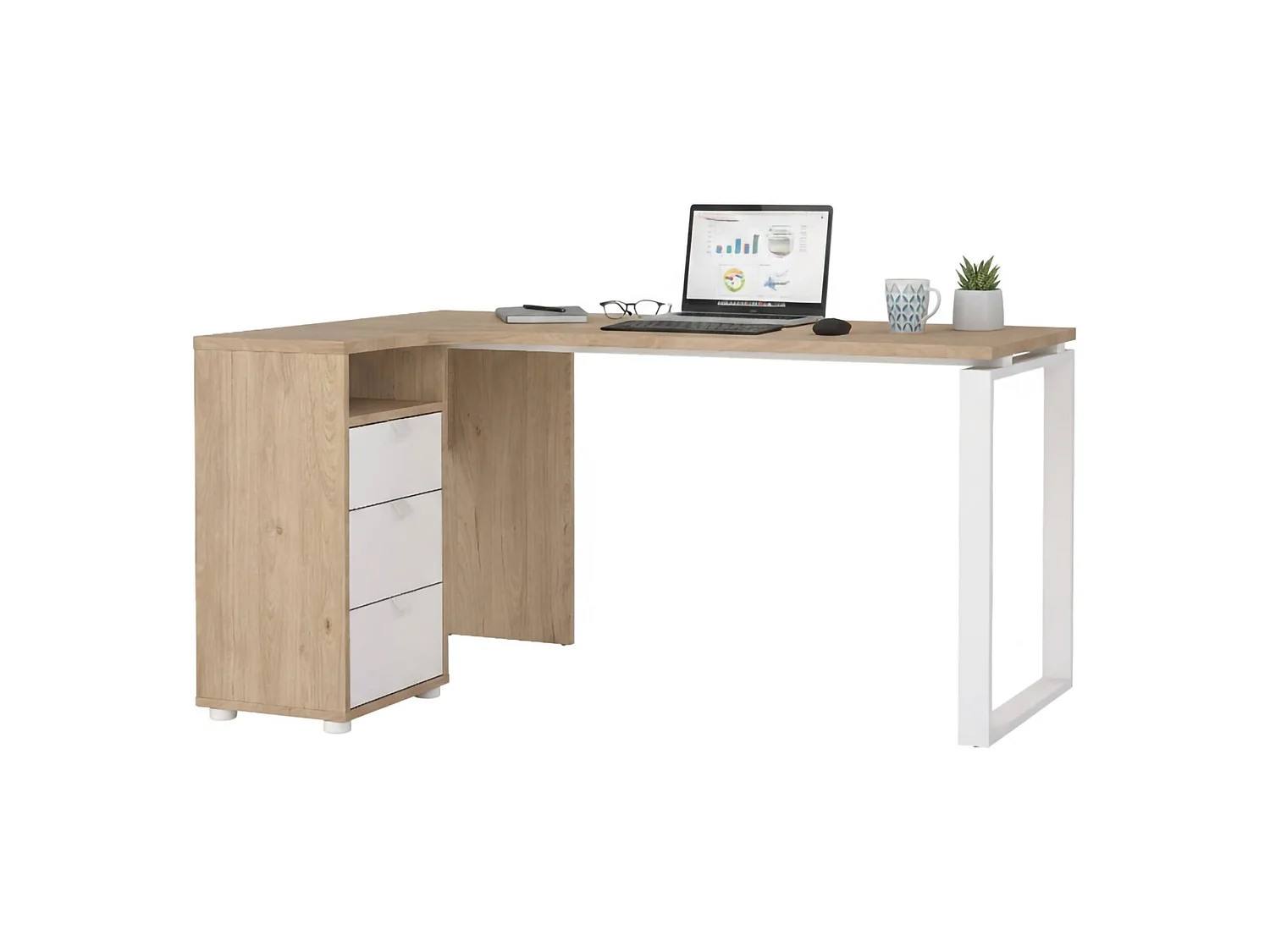 Escritorio Medard, 3 cajones, 150x100x76h cm, roble marrón, tablero en madera melaminada, estructura tono roble