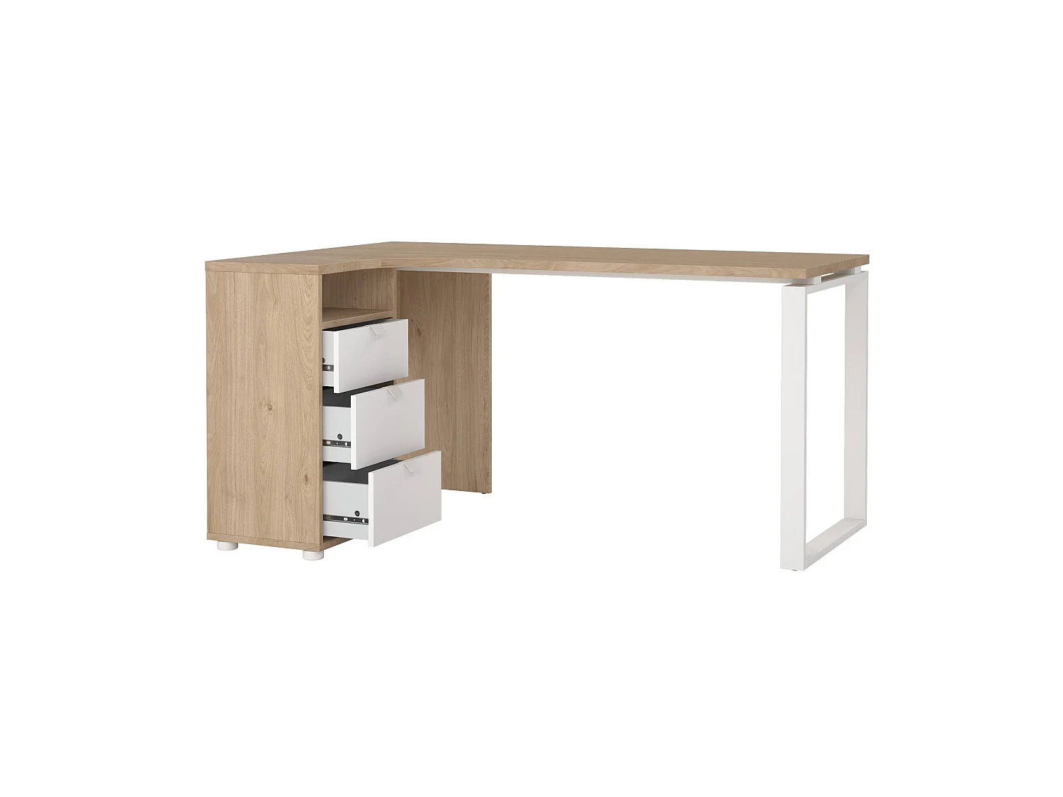Escritorio Medard, 3 cajones, 150x100x76h cm, roble marrón, tablero en madera melaminada, estructura tono roble