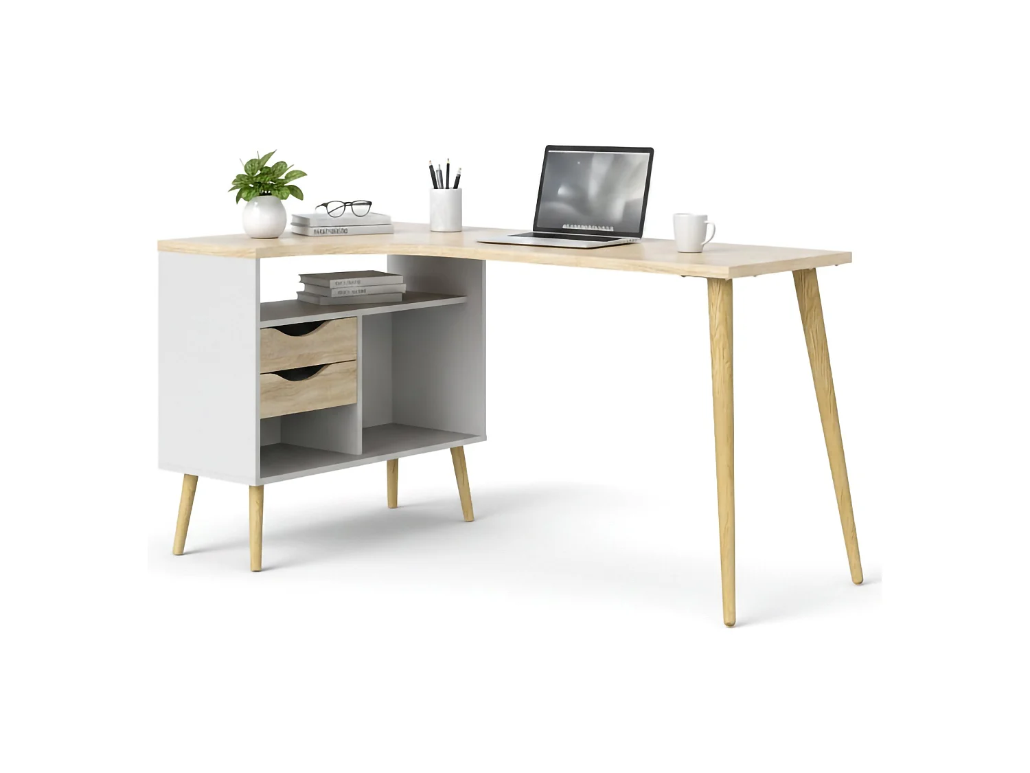 Escritorio Katherine, 2 cajones, 145x81x76h cm blanco, tablero de madera melaminada, color estante marrón