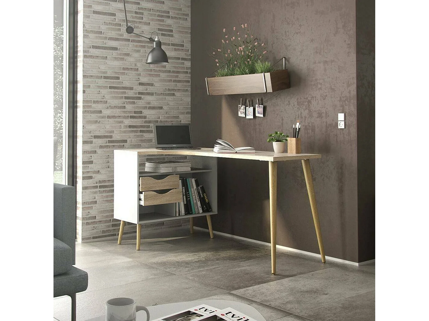 Escritorio Katherine, 2 cajones, 145x81x76h cm blanco, tablero de madera melaminada, color estante marrón