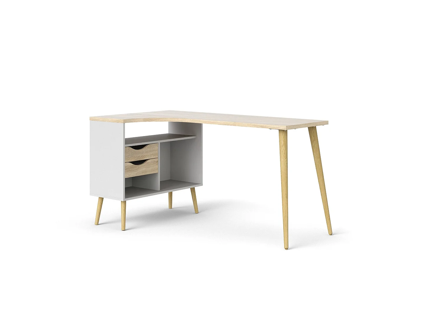 Escritorio Katherine, 2 cajones, 145x81x76h cm blanco, tablero de madera melaminada, color estante marrón