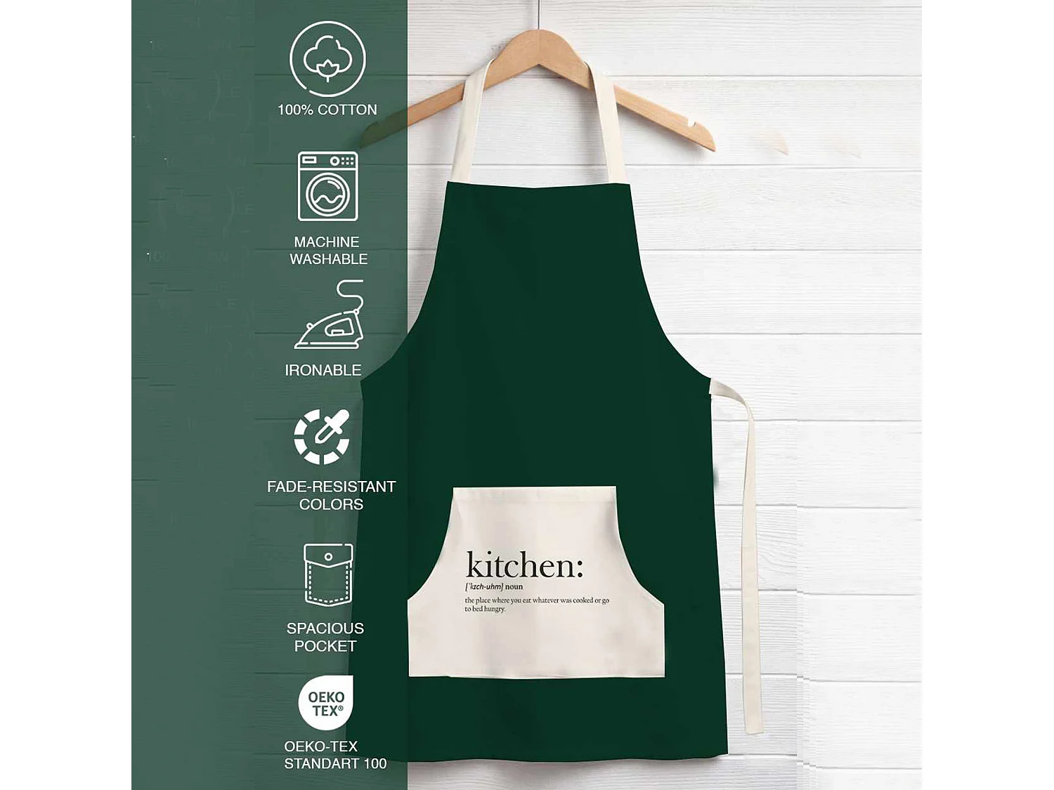Tablier de Cuisine Palitoba, Lavable en Machine à 30°, Vert Foncé, Structure Blanche, Nuance de Structure Foncée