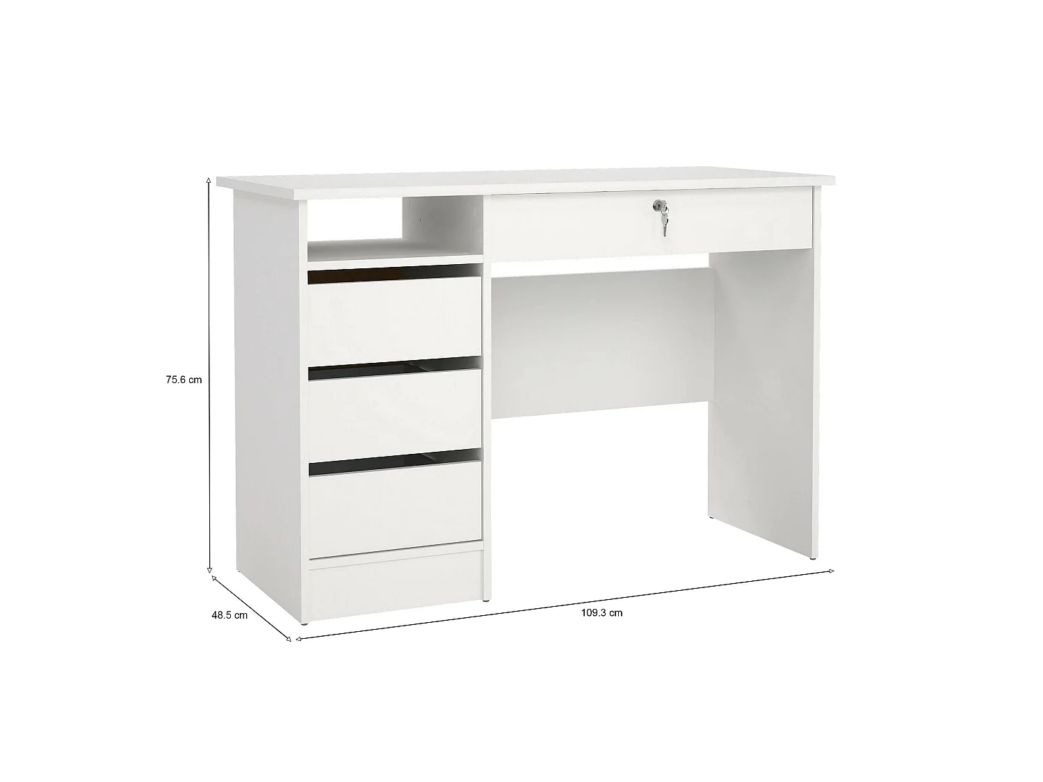 Bureau Franklin, 3 lades, 109x49x76h cm wit, 1 vak, blad van gemelamineerd hout
