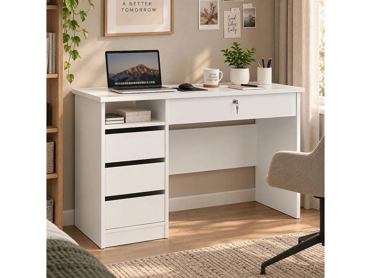Bureau Franklin, 3 lades, 109x49x76h cm wit, 1 vak, blad van gemelamineerd hout