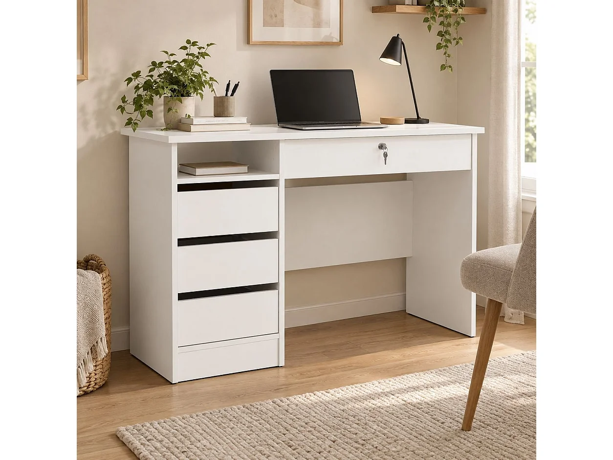 Bureau Franklin, 3 lades, 109x49x76h cm wit, 1 vak, blad van gemelamineerd hout