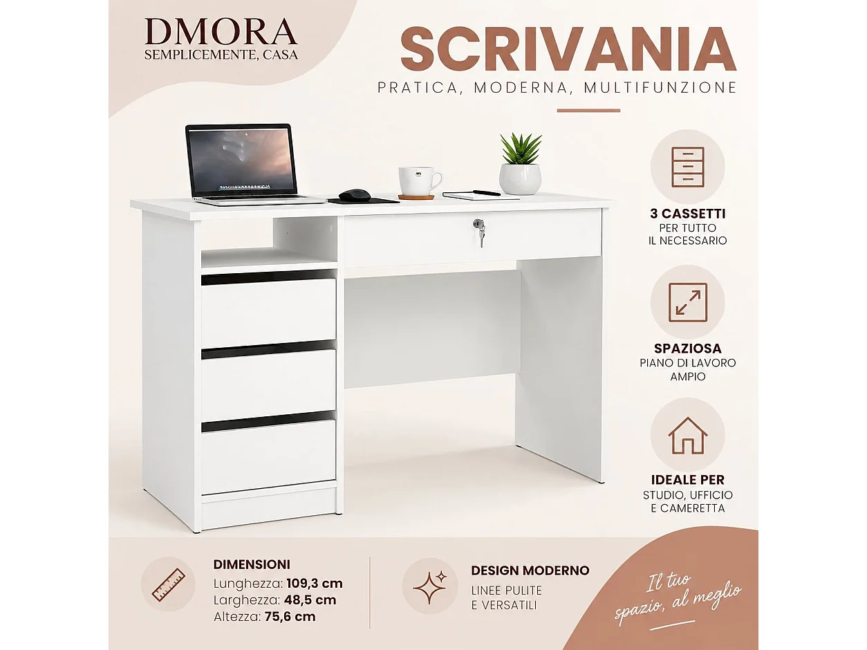 Bureau Franklin, 3 lades, 109x49x76h cm wit, 1 vak, blad van gemelamineerd hout