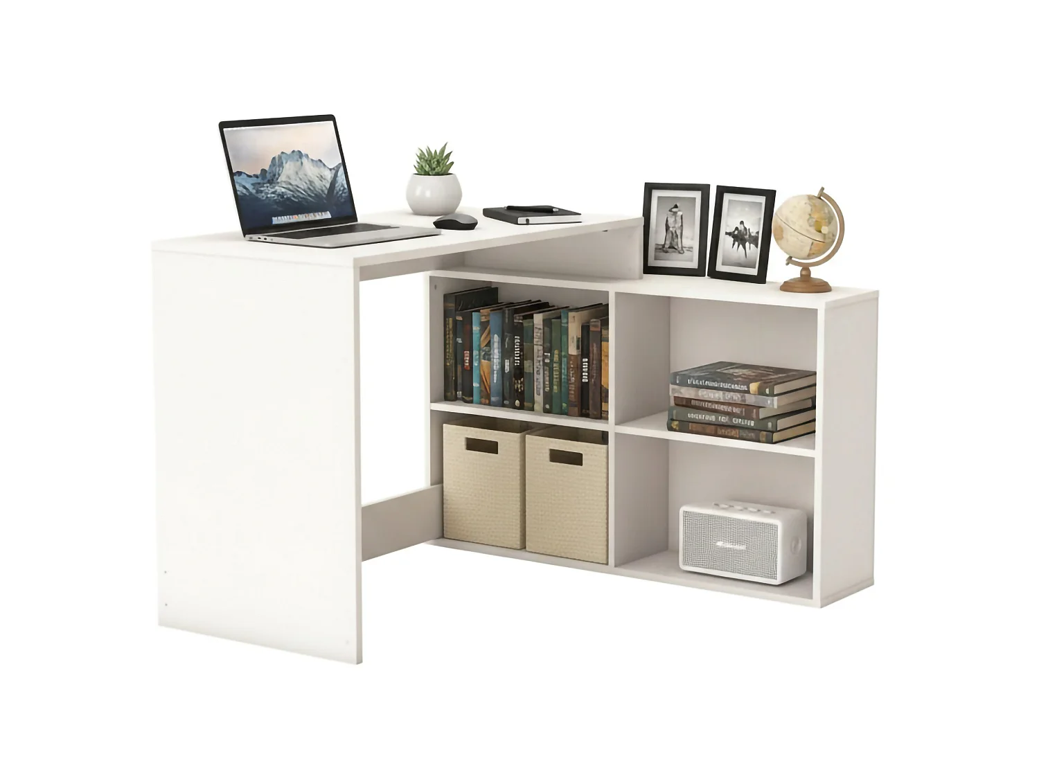 Escritorio Kyarr, un estante, 112x101x77h cm Blanco Mate, Esquinero, 4 Compartimentos