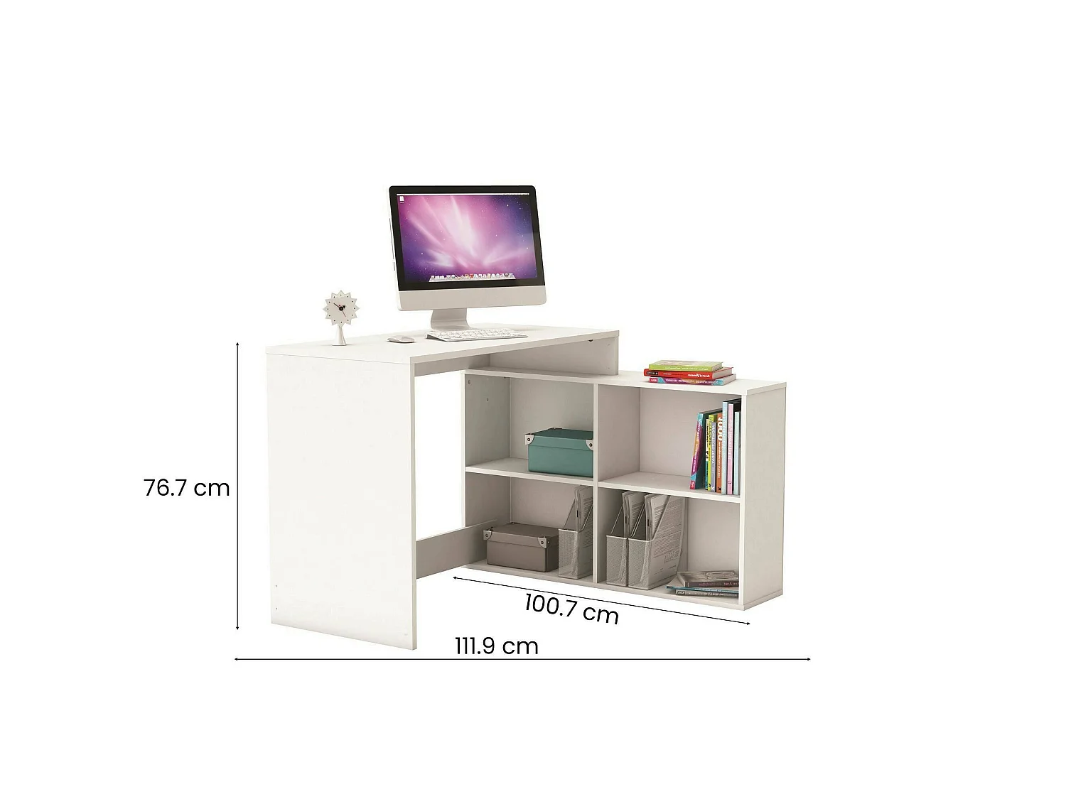 Escritorio Kyarr, un estante, 112x101x77h cm Blanco Mate, Esquinero, 4 Compartimentos