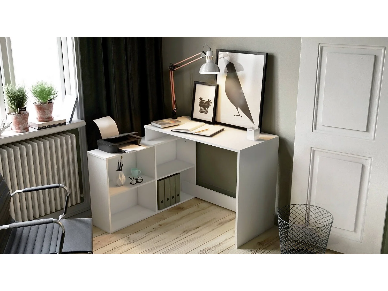 Escritorio Kyarr, un estante, 112x101x77h cm Blanco Mate, Esquinero, 4 Compartimentos