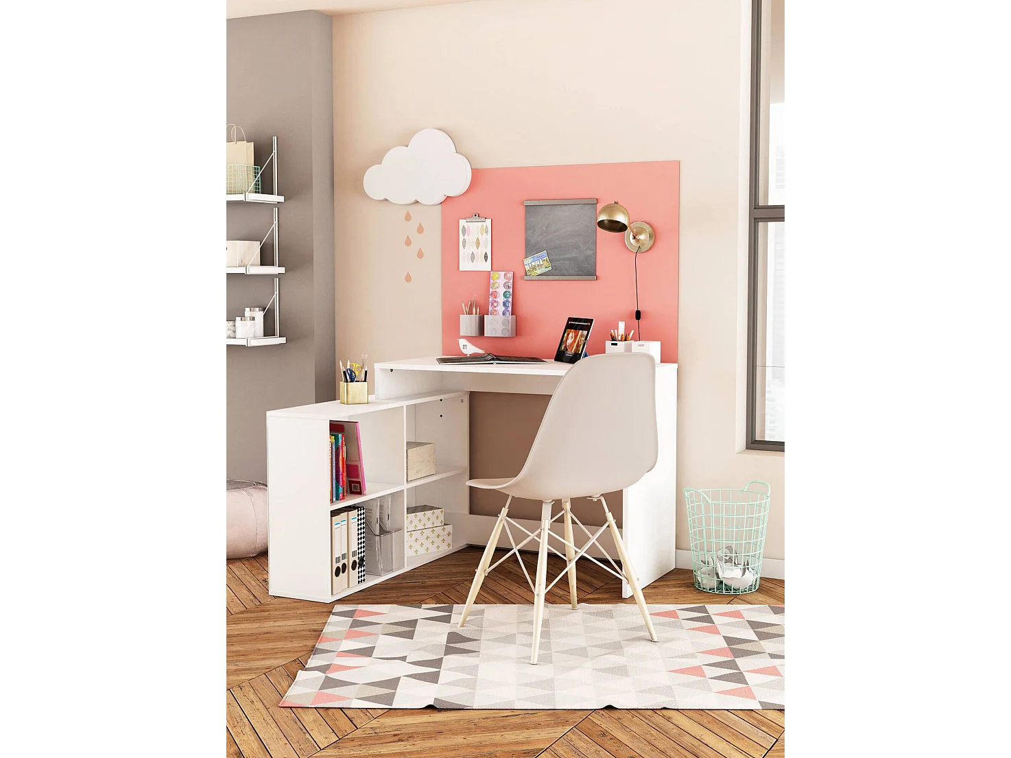 Escritorio Kyarr, un estante, 112x101x77h cm Blanco Mate, Esquinero, 4 Compartimentos