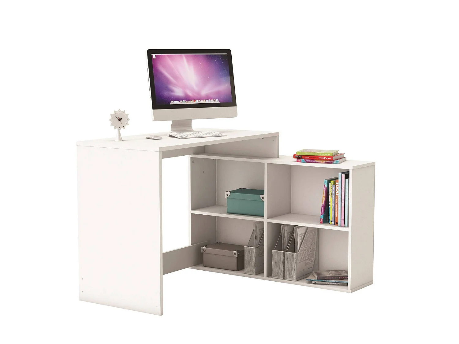 Escritorio Kyarr, un estante, 112x101x77h cm Blanco Mate, Esquinero, 4 Compartimentos