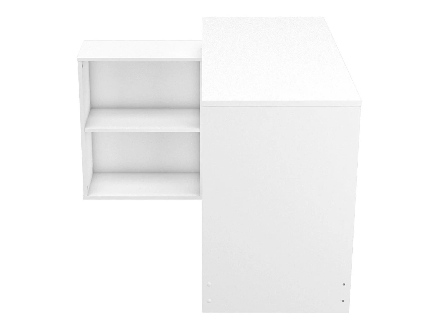 Escritorio Kyarr, un estante, 112x101x77h cm Blanco Mate, Esquinero, 4 Compartimentos