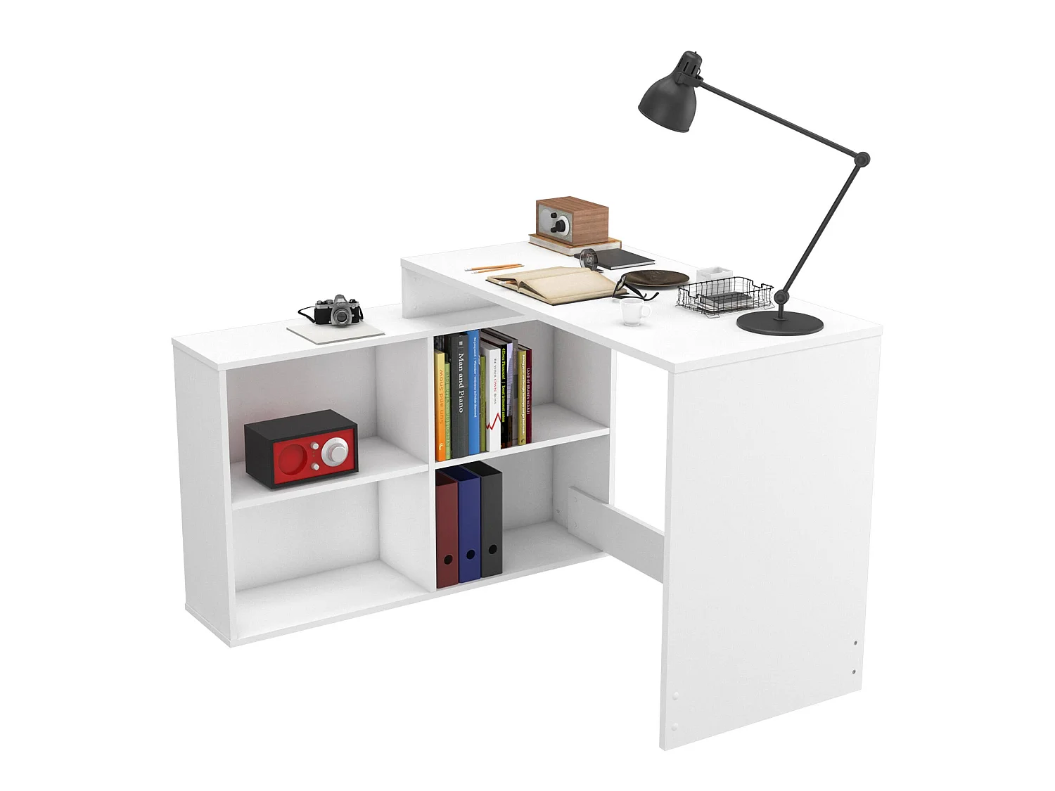 Escritorio Kyarr, un estante, 112x101x77h cm Blanco Mate, Esquinero, 4 Compartimentos
