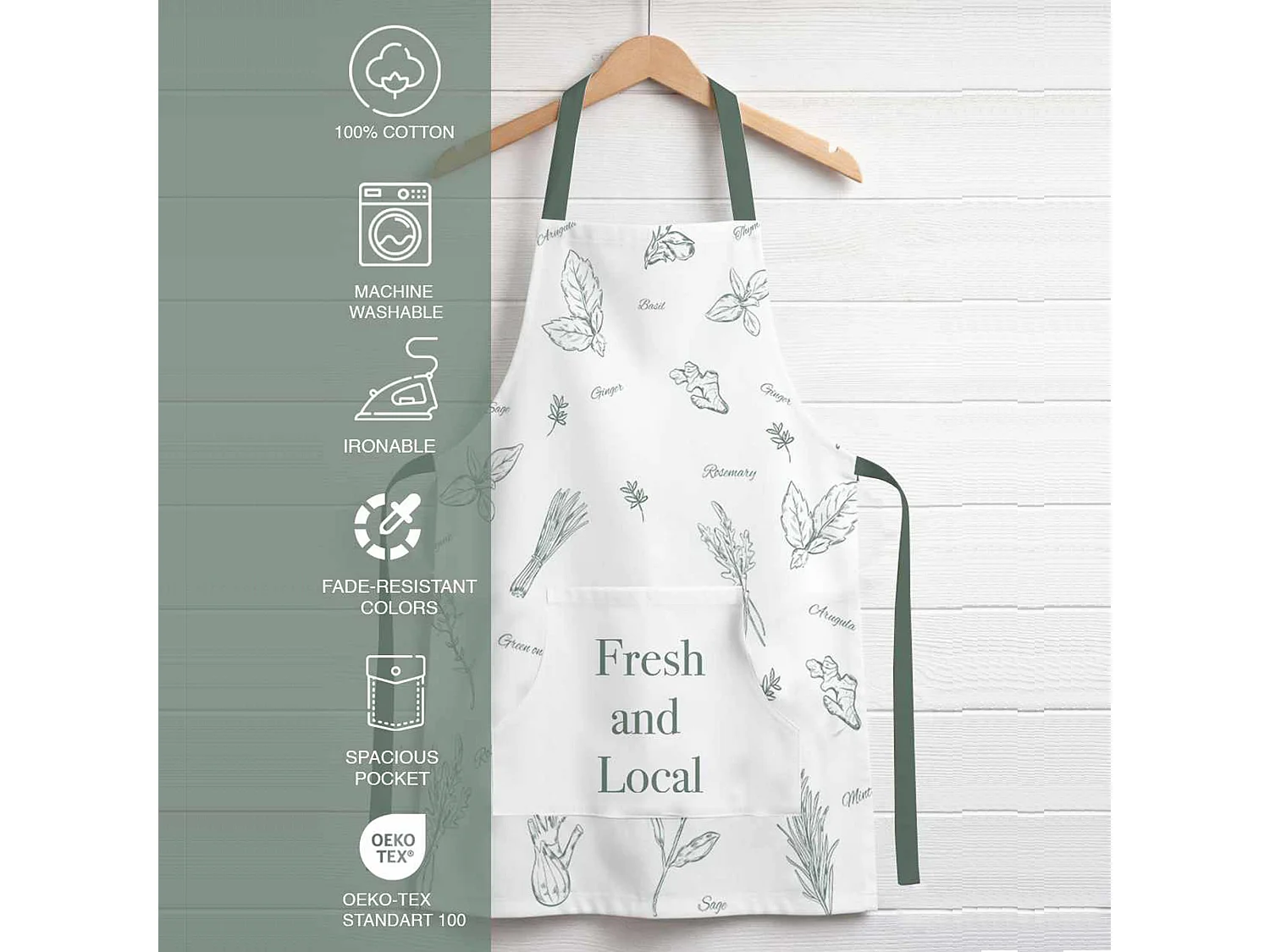 Grembiule Cucina Palitoba, Lavabile in Lavatrice si 30°, Bianco, Colore Struttura Verde