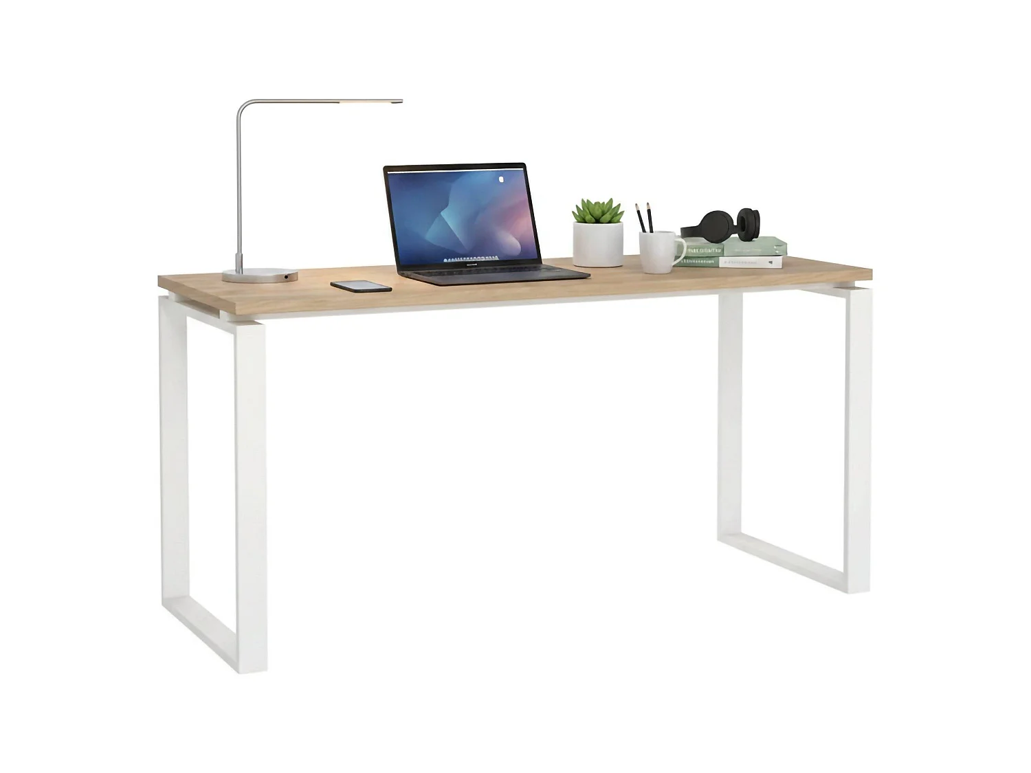 Bureau Arignano, framekleur wit, 150x60x76h cm eikenbruin, blad van gemelamineerd hout, plankkleur bruin
