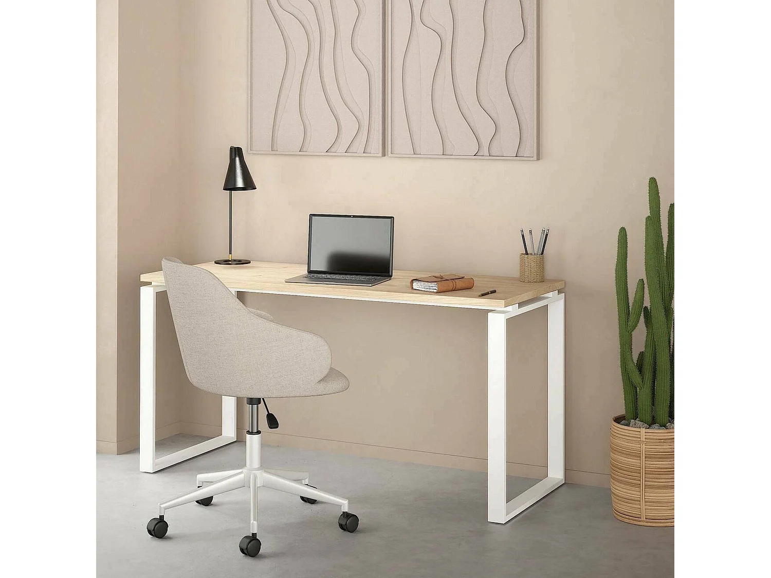 Bureau Arignano, framekleur wit, 150x60x76h cm eikenbruin, blad van gemelamineerd hout, plankkleur bruin