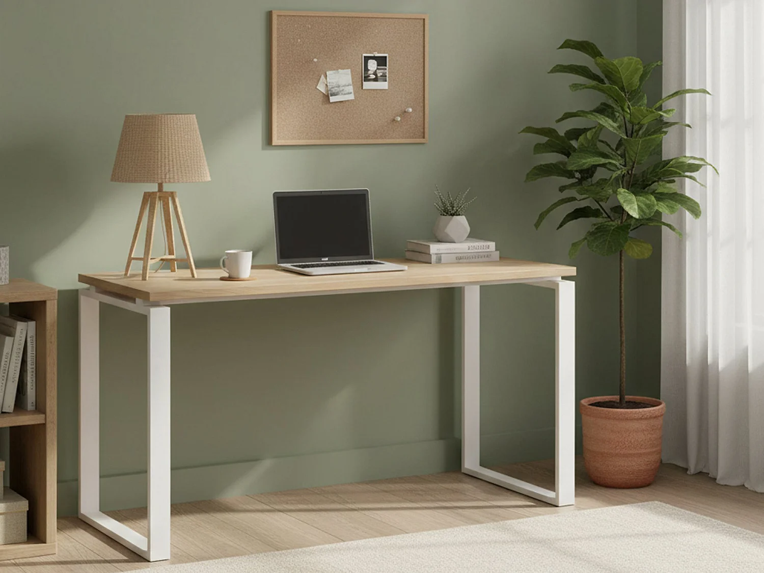 Bureau Arignano, framekleur wit, 150x60x76h cm eikenbruin, blad van gemelamineerd hout, plankkleur bruin
