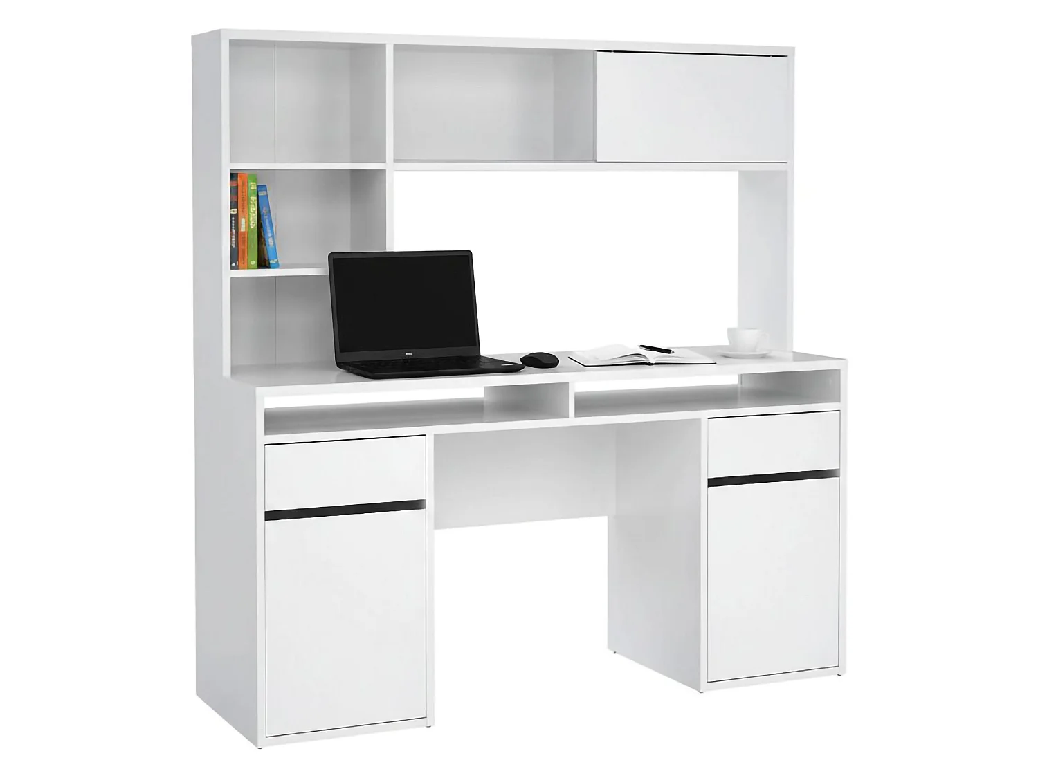 Escritorio Ambrenti, 7 estantes, 149x48x156h cm blanco brillo, 2 cajones, 2 puertas