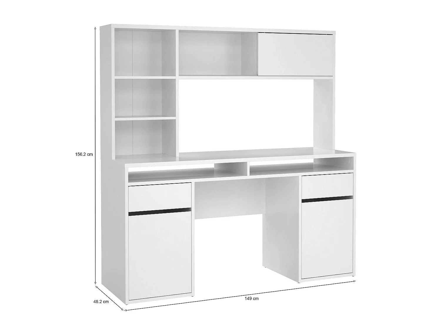 Escritorio Ambrenti, 7 estantes, 149x48x156h cm blanco brillo, 2 cajones, 2 puertas