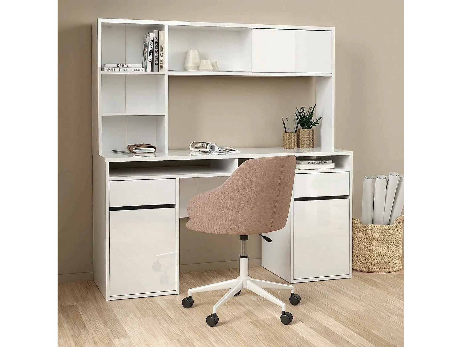Escritorio Ambrenti, 7 estantes, 149x48x156h cm blanco brillo, 2 cajones, 2 puertas