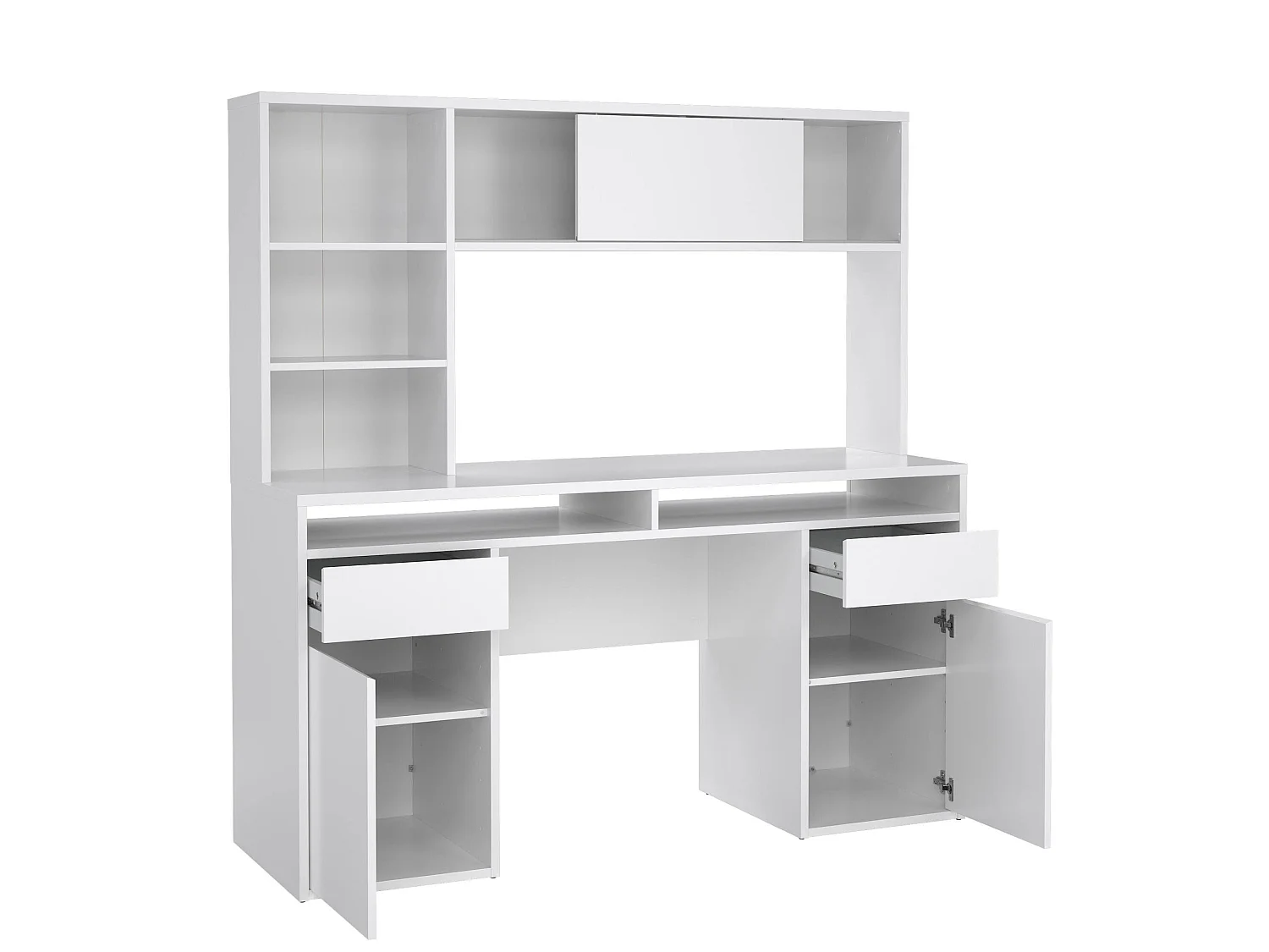 Escritorio Ambrenti, 7 estantes, 149x48x156h cm blanco brillo, 2 cajones, 2 puertas