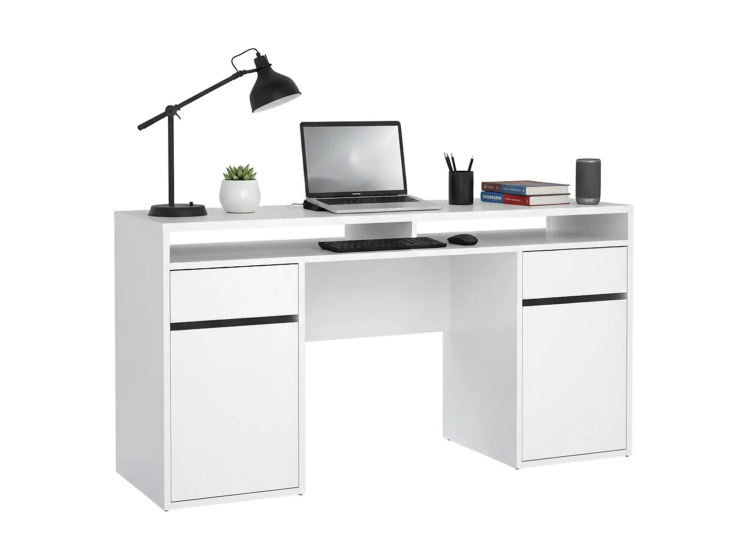 Escritorio Leepi, 2 Cajones, 149x48x77h cm Blanco Brillo, 2 Puertas, Degradado de Color, Tablero Brillante