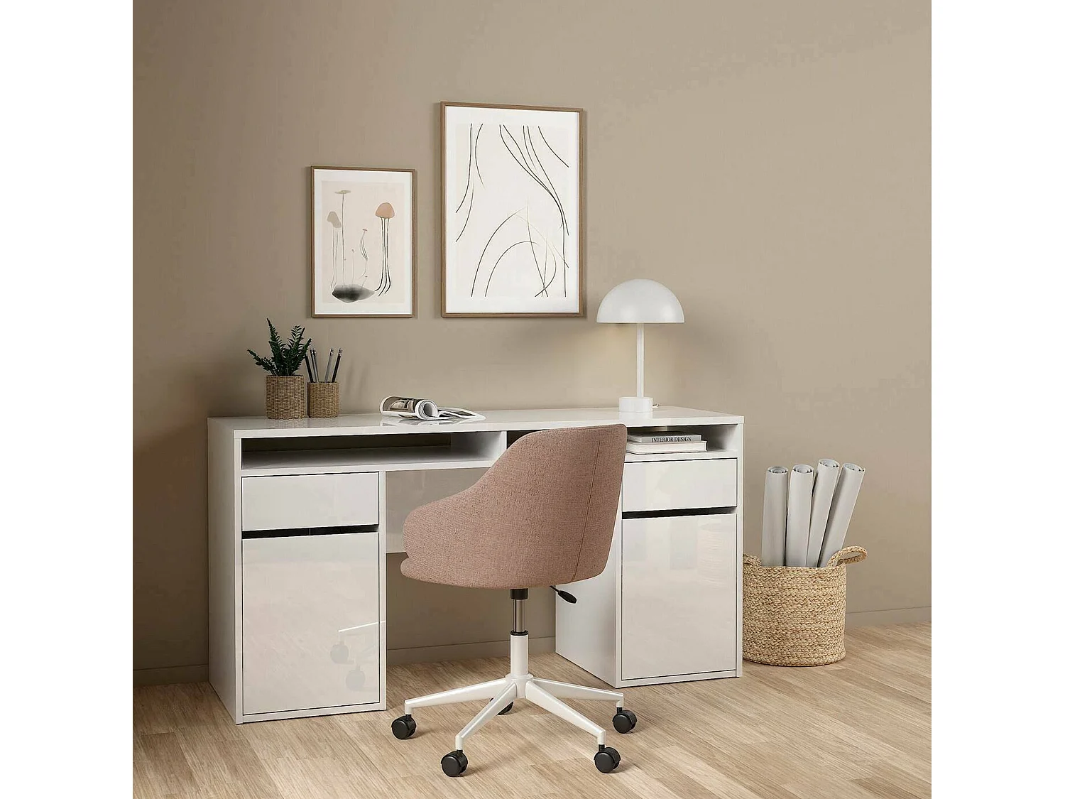 Escritorio Leepi, 2 Cajones, 149x48x77h cm Blanco Brillo, 2 Puertas, Degradado de Color, Tablero Brillante