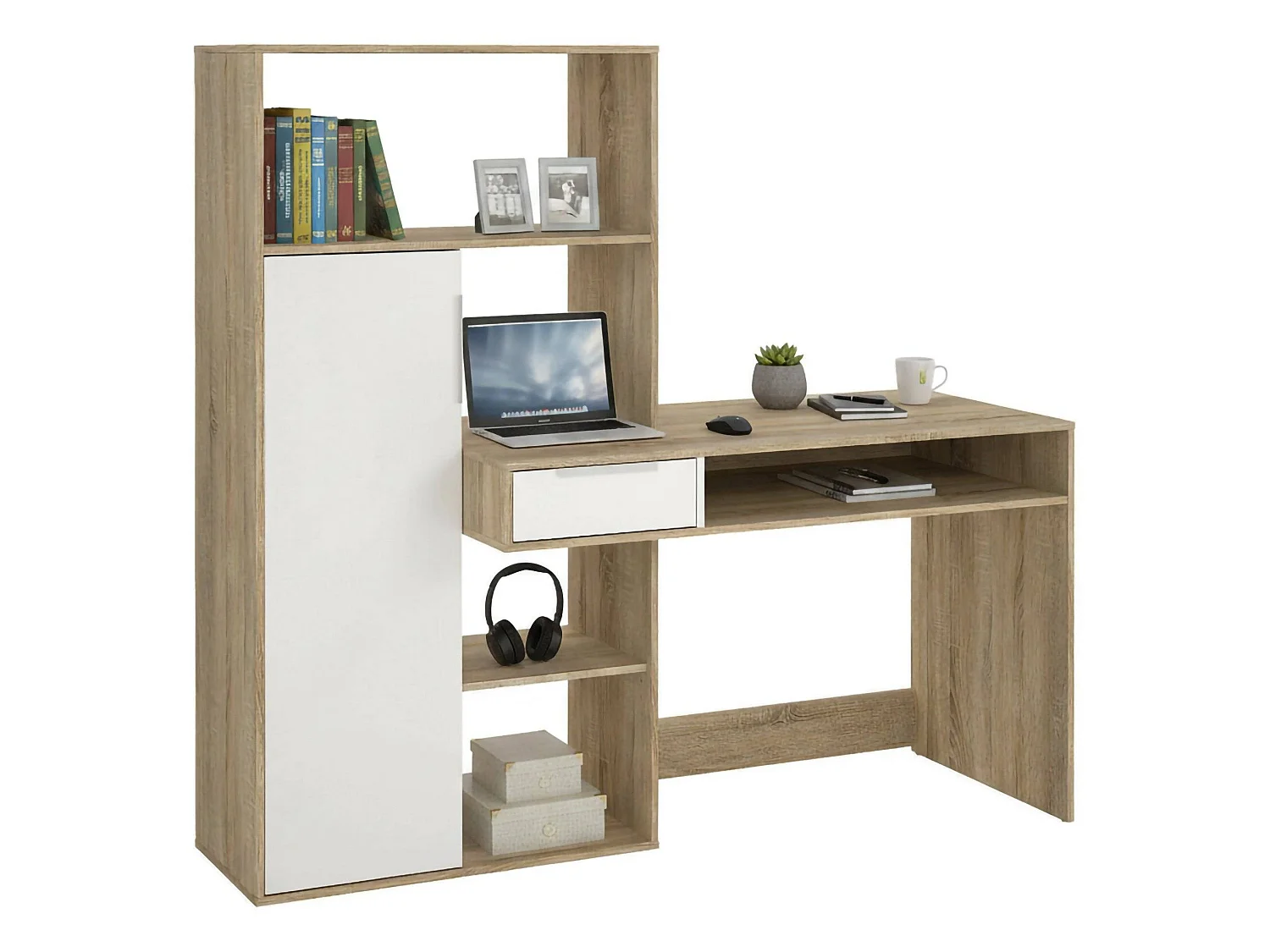 Escritorio Annalou, un cajón, 163x60x155h cm roble marrón, una puerta, color de estante marrón