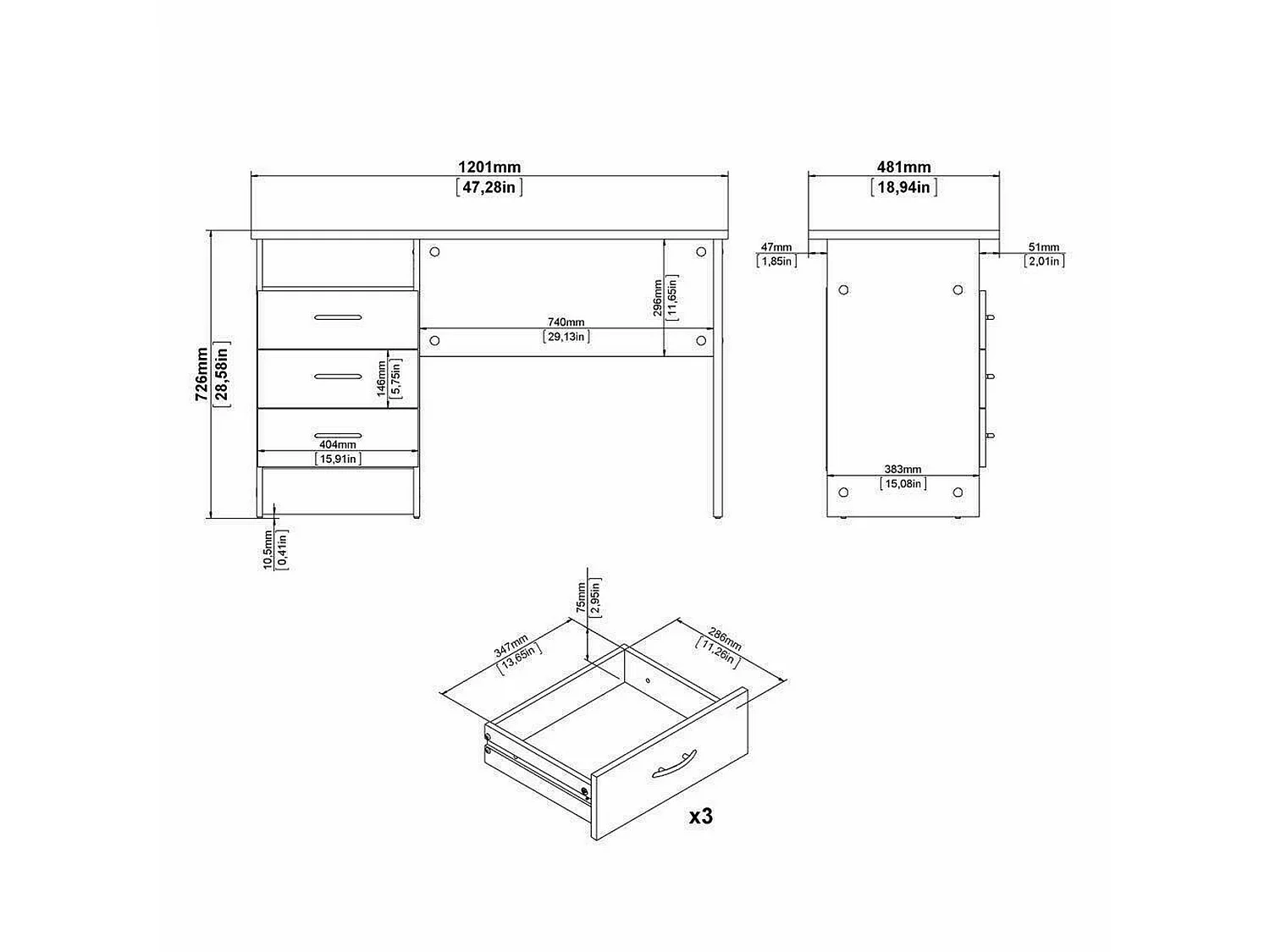 Bureau Andre, 3 lades, 120x48x73h cm bruin eiken, kleur blad bruin, kleurtint frame eiken