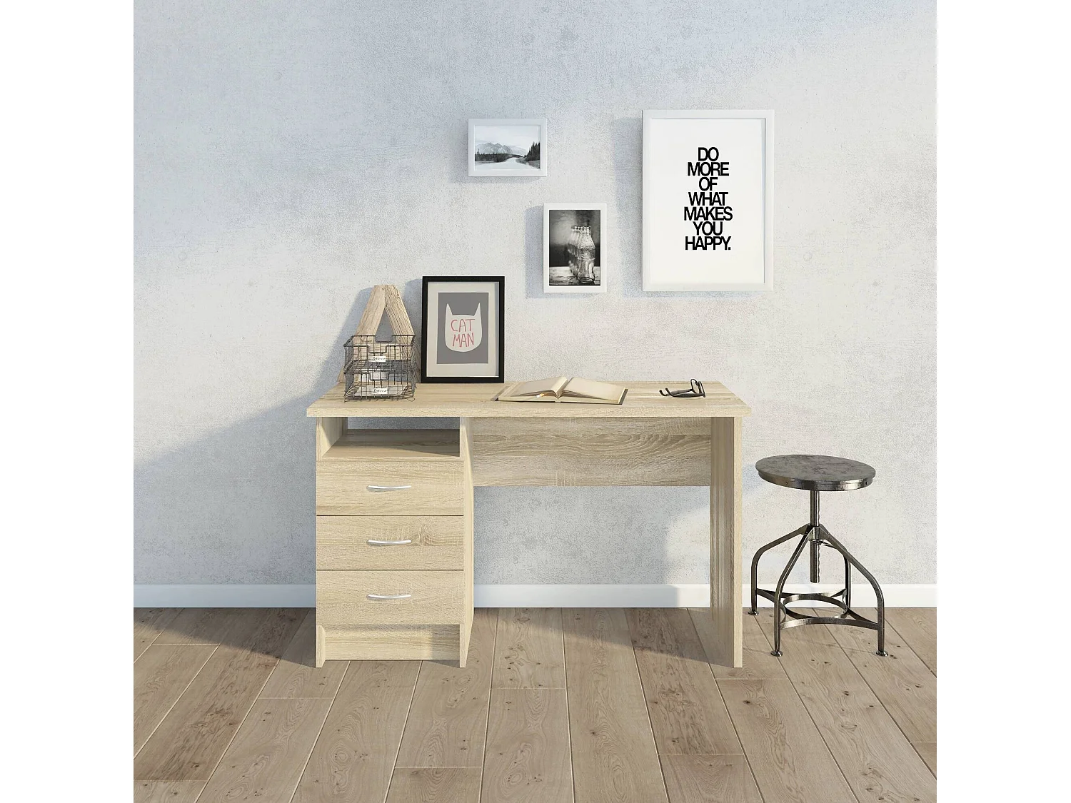 Bureau Andre, 3 lades, 120x48x73h cm bruin eiken, kleur blad bruin, kleurtint frame eiken