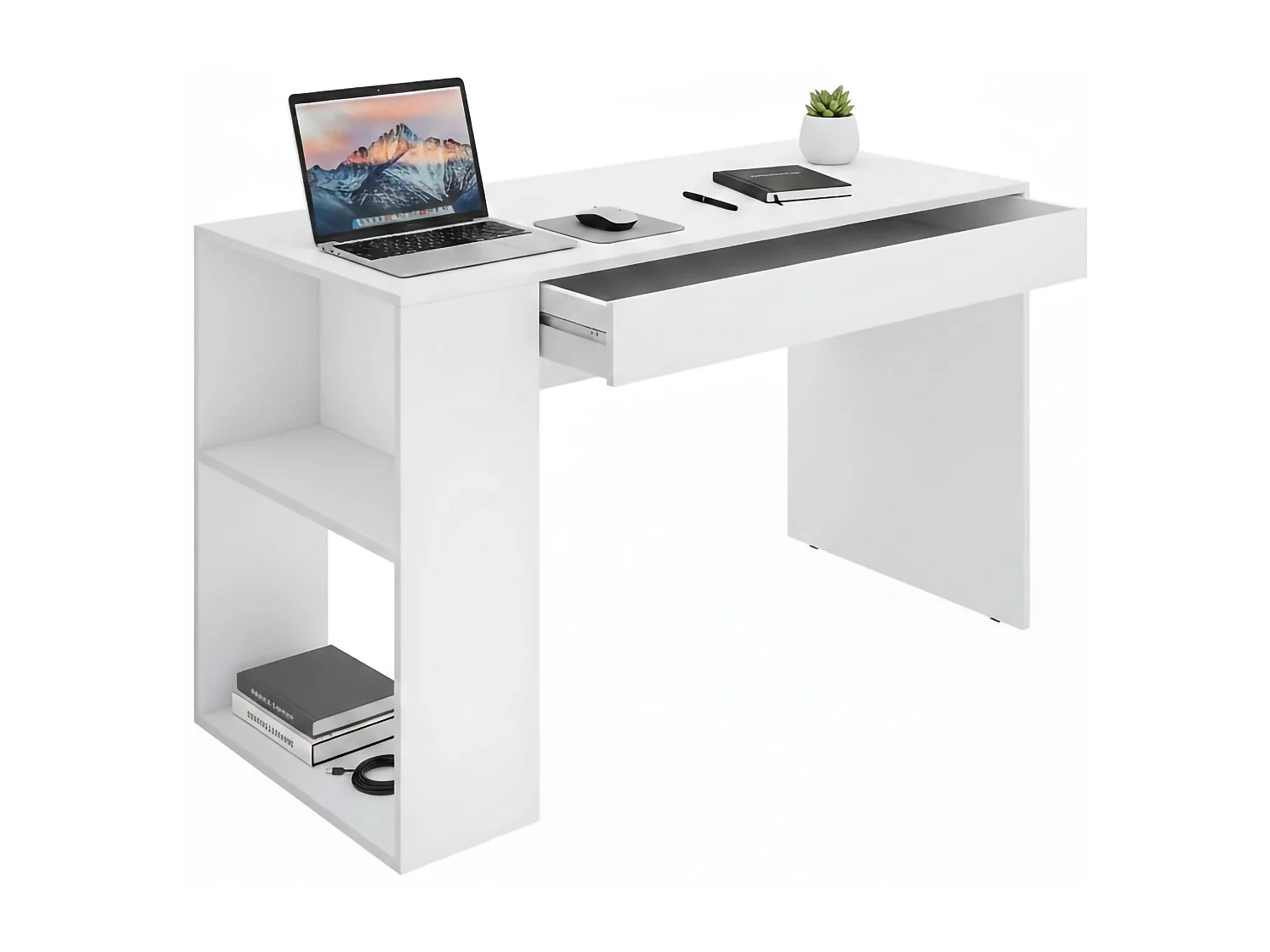 Escritorio Arianella, modulable, 115x50x74h cm blanco, 2 estantes, un cajón